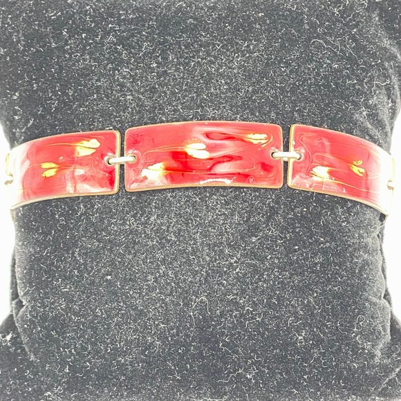Marco Signed Vintage Copper Ruby Red Enamel Rectangle Link Bracelet 7" - Picture 2 of 12